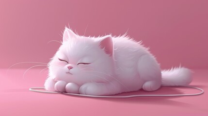 White Cat Laying on Top of Pink Floor