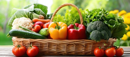 A wicker basket overflowing with a variety of fresh, colorful organic vegetables.