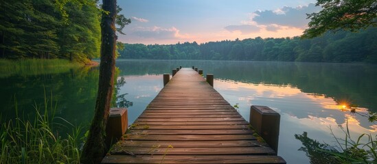 A wooden dock extends into the calm waters of a lake, surrounded by natural scenery.