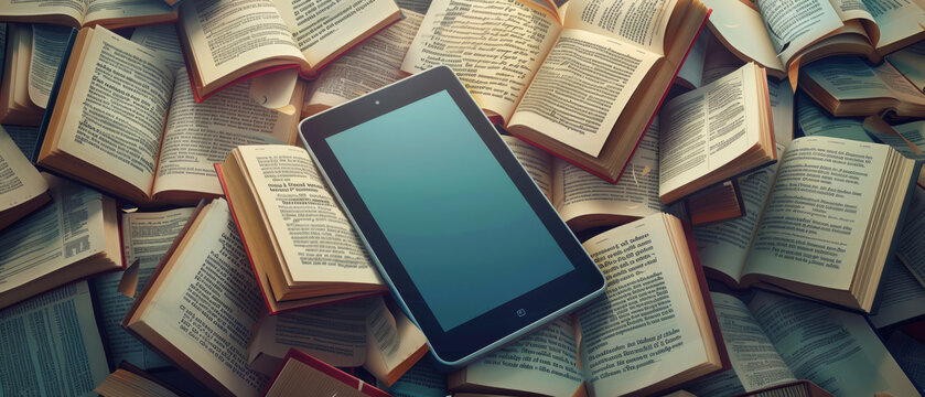E-book reader surrounded by virtual book pages, the digital reading experience