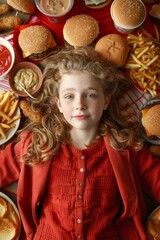 A young girl is laying on a table with a variety of food, including hamburgers