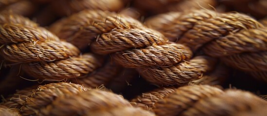 A close-up view of a complex arrangement of ropes, showcasing the intricate patterns and textures created by the braiding and twisting of the strands. - obrazy, fototapety, plakaty