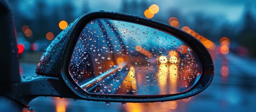 Close up of a rear view mirror with rain drops on it, reflecting the surrounding environment.