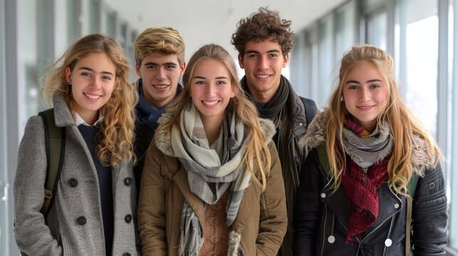 A group of young people are smiling for the camera, wearing warm winter clothing