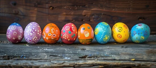 A row of vibrantly painted Easter eggs sitting on top of a rustic wooden table.