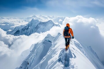 Intrepid explorer traversing narrow mountain ridge, breathtaking high-altitude adventure