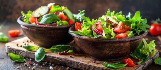 Two wooden bowls filled with fresh salad ingredients resting on a rustic wooden cutting board. - obrazy, fototapety, plakaty