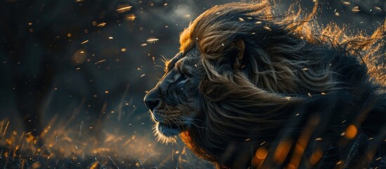 A majestic lion with a beautiful long black mane standing in the middle of a field of tall grass. - Powered by Adobe