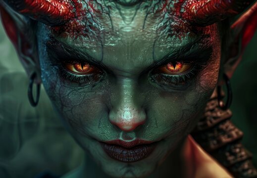 a close up of a woman with horns and red eyes