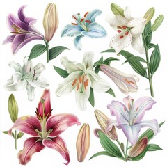 Fototapeta na wymiar Clip art illustration with various types of Lily on a white background. 