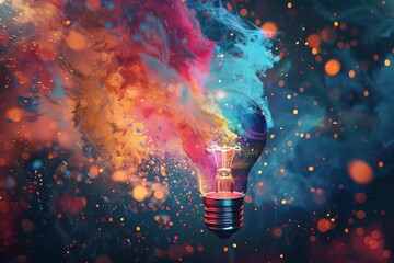 Inspiring Lightbulb Eureka Moment with Colorful Explosion of Creative Energy - Conceptual 3D Illustration - obrazy, fototapety, plakaty