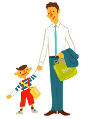 Fathers dropping their children off at nursery school before commuting to work.　