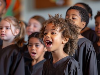 A group of children are singing in a choir - obrazy, fototapety, plakaty