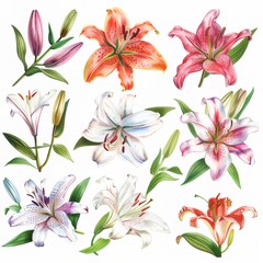 Clip art illustration with various types of Lily on a white background.	