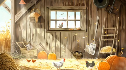 Obraz na płótnie Canvas Farm barn with chickens, straw and hay.
