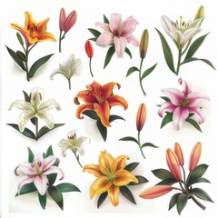 Clip art illustration with various types of Lily on a white background.	