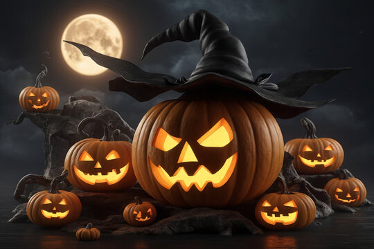 Halloween background with scary pumpkins in a dark forest at night