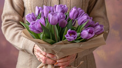 A woman is holding a bouquet of purple tulips