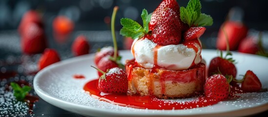 A delectable dessert featuring ripe strawberries and a scoop of creamy ice cream on a plate.
