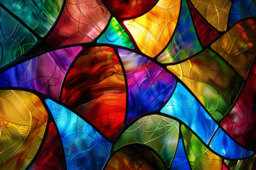 A colorful stained glass window with many different colored pieces. The window is made up of many different colored pieces, and the colors are arranged in a way that creates a sense of movement