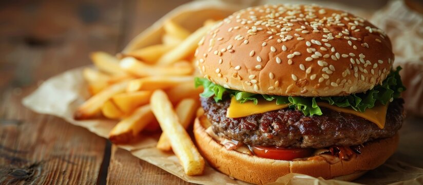 A delicious hamburger and crispy french fries served on a rustic wooden table, ready to be enjoyed.