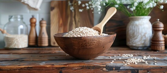 A wooden bowl filled with oats sits on a wooden table next to a wooden spoon. - obrazy, fototapety, plakaty