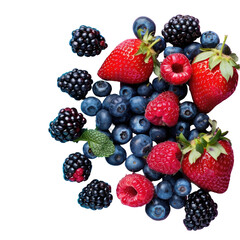 strawberries , raspberries , blueberries and blackberries on a transparent background