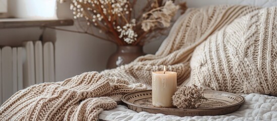 A candle placed on a tray sitting atop a bed, creating a warm and inviting atmosphere.