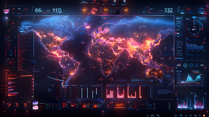 A high-resolution screen displays a global heatmap with various analytics, graphs, and measurement metrics in vibrant colors