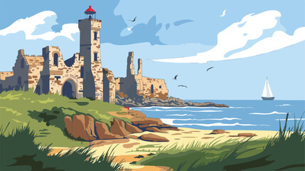 Drawing of Saint Mathieu lighthouse and old abbey r
