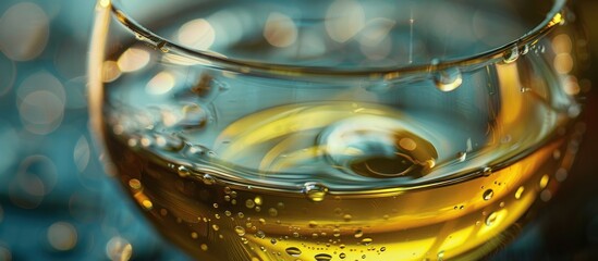 A detailed close-up view of a glass filled with white wine, showcasing the rich color and texture of the beverage.