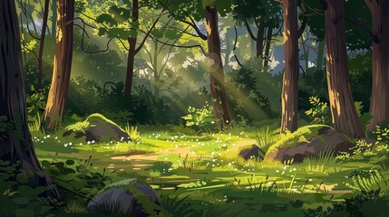 Sunny meadow in the spring forest. - obrazy, fototapety, plakaty