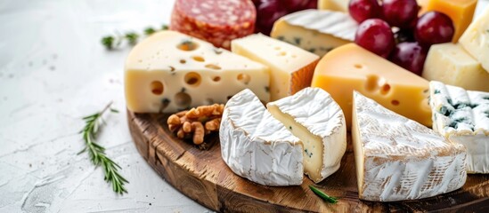 A variety of gourmet cheeses beautifully arranged on a wooden platter, creating a visually appealing and appetizing display.