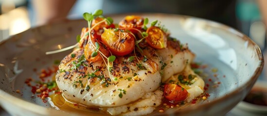 Close-up of a white bowl overflowing with delicious food placed on a wooden table.