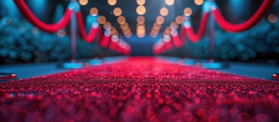 A bright red carpet laid out with a row of matching red ropes on either side for a prestigious event entrance.