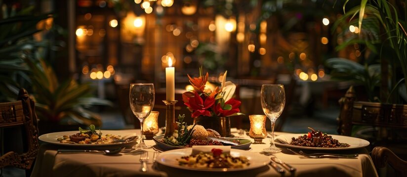 A dinner table elegantly set with flickering candles and plates of delicious food, creating a warm and inviting atmosphere.