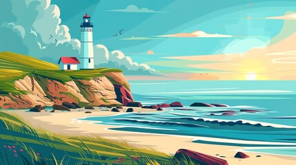 Large lighthouse on the seashore, sunny day.