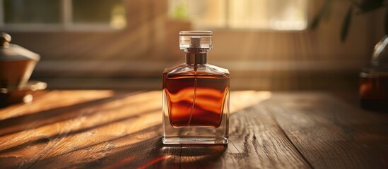 Elegant bottle of perfume is placed on top of a wooden table, showcasing a blend of glass and wood textures.