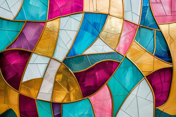 Fototapeta premium A colorful stained glass window with gold trim. The colors are blue, pink, and purple. The window is made up of many small pieces of glass, creating a mosaic effect