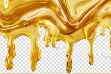 Honey dripping in golden wavy swirls, isolated on transparent background, 3D illustration