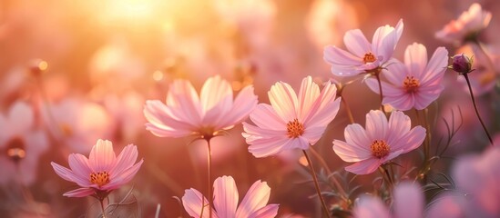 Obraz premium A field of pink flowers basking in the sunlight with the sun shining in the background.