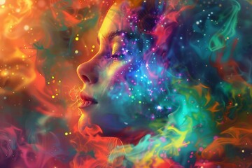 Hippie woman in cosmic trance, ethereal illustration of intense emotion and spiritual awakening, psychedelic digital painting - obrazy, fototapety, plakaty