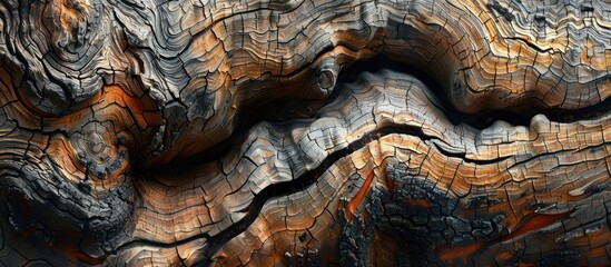 A detailed view of the texture and patterns on the trunk of a tree, showing the natural growth rings and bark.