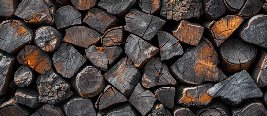Tuinposter Brandhout textuur A pile of seasoned firewood logs neatly cut in half, revealing the smooth wood texture and inner patterns.