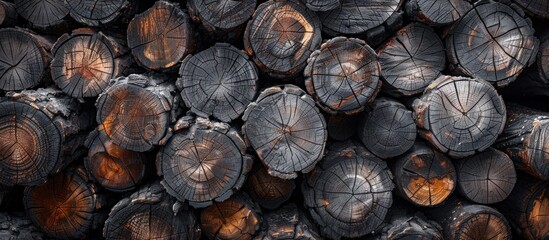 A large pile of aged pine logs stacked one on top of the other, creating a textured background.