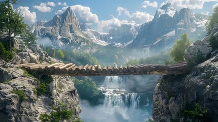 An old dilapidated bridge over a mountain gorge. - obrazy, fototapety, plakaty