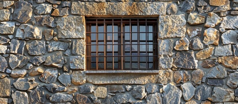 A close-up view of a sturdy stone wall featuring a barred window with metal bars.