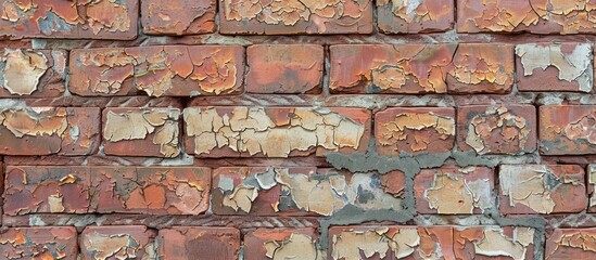 Detailed view of a brown brick wall showing signs of peeling paint.