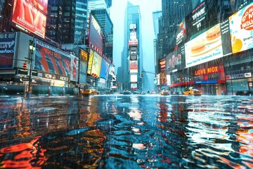 Heavy rain flooding the iconic Times Square in New York City, extreme weather illustration - obrazy, fototapety, plakaty