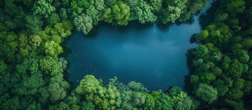 A drone captures the expansive view of a crystal-clear lake nestled among dense green trees in a serene natural setting.